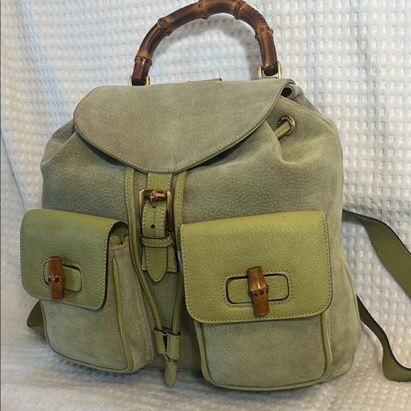 Gucci Bamboo Green Leather/Suede Backpack - Picture 2 of 16